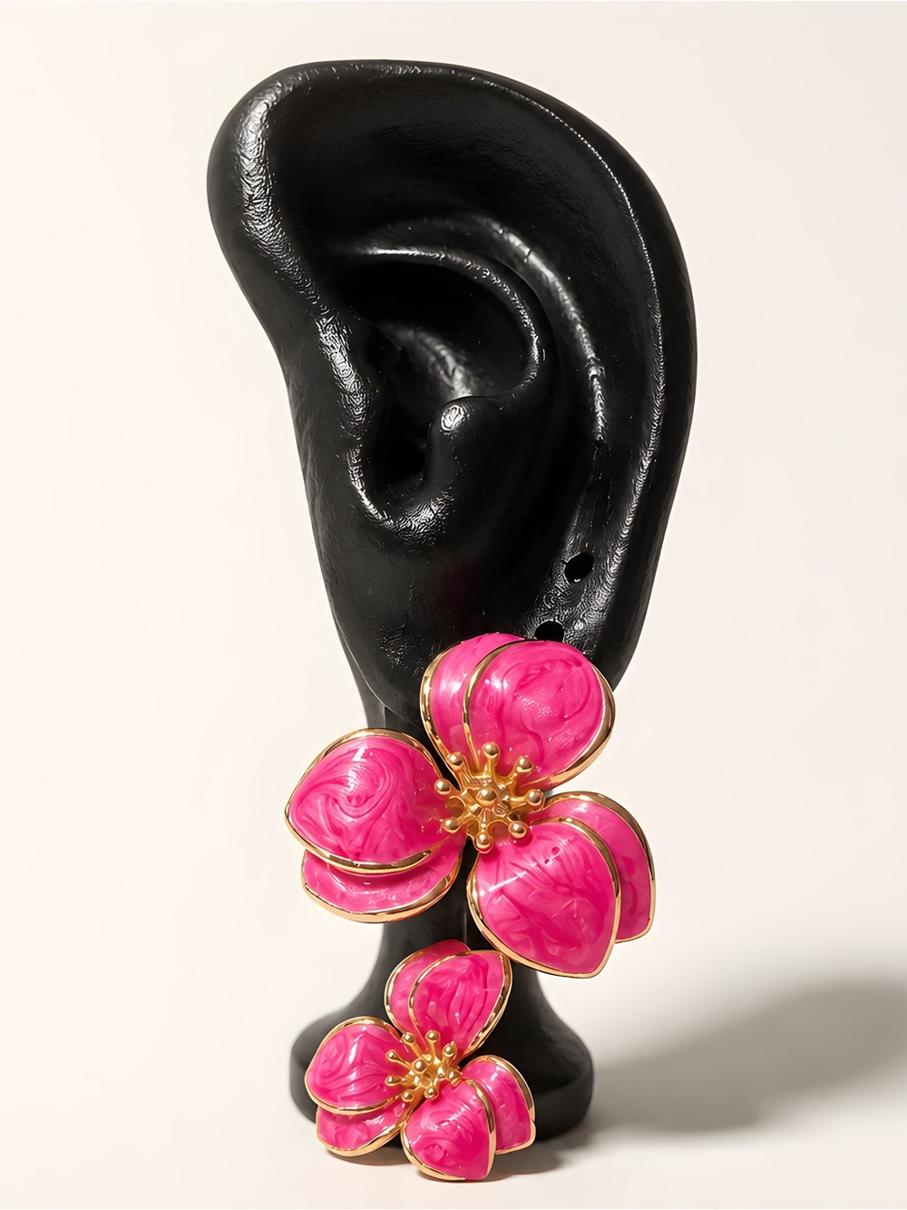Fashion Jewelry Hot Pink Floral Drop Earrings with Gold Trim